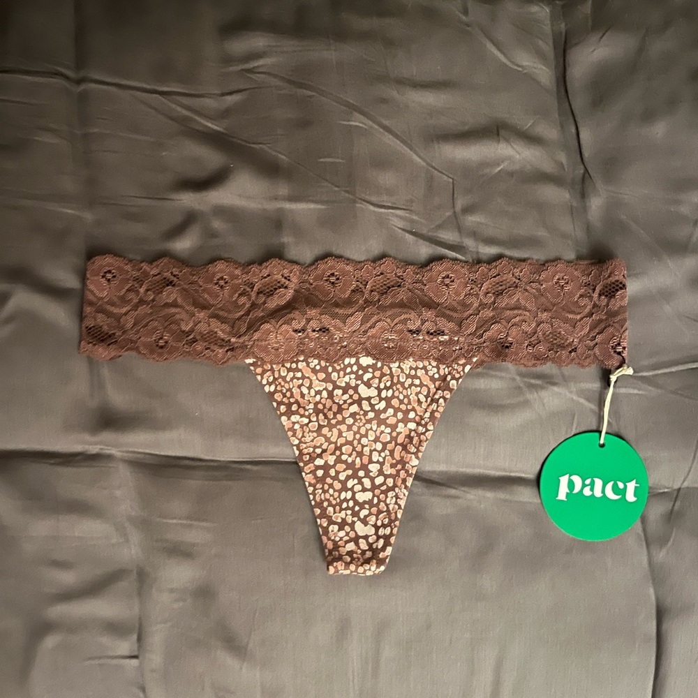 NWT Pact Organic Cotton Brown Polka Dot Lace-Waist Thong S